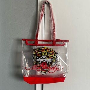NWT $159 Ed Hardy Clear Tiger Concert Tote PVC Bag red accents